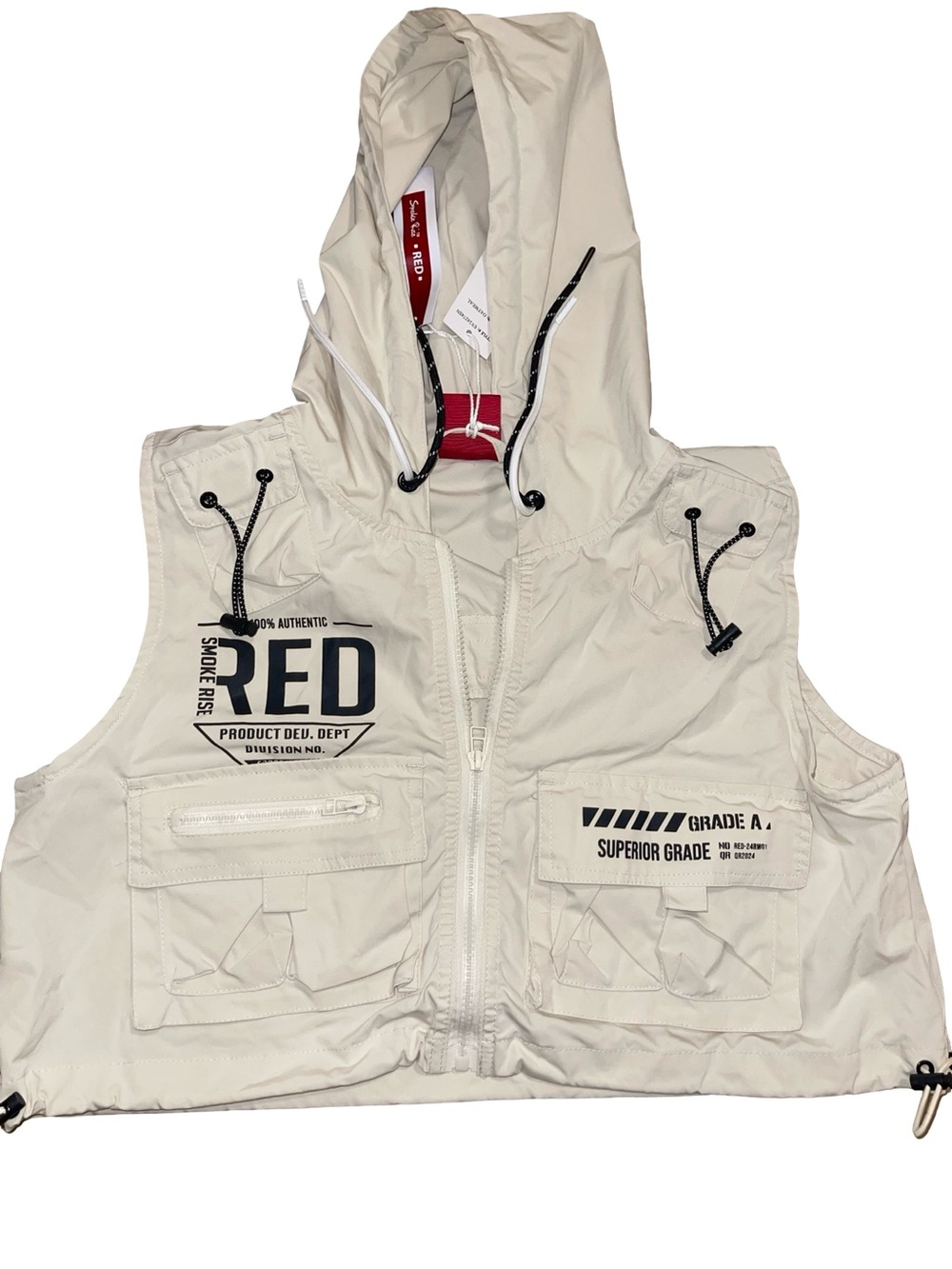 Smoke Rise RED Hooded Utility Cargo Vest - Off-White / Cream size M